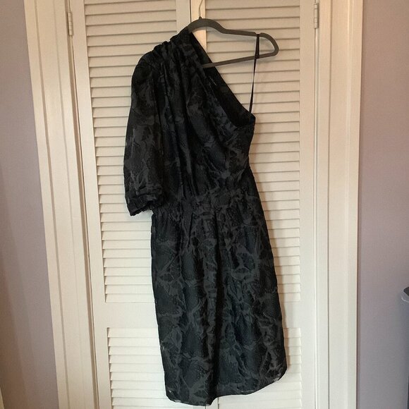 Jill Stuart dress Agathe one shoulder 10 black brocade damask silk black grey - Picture 3 of 12